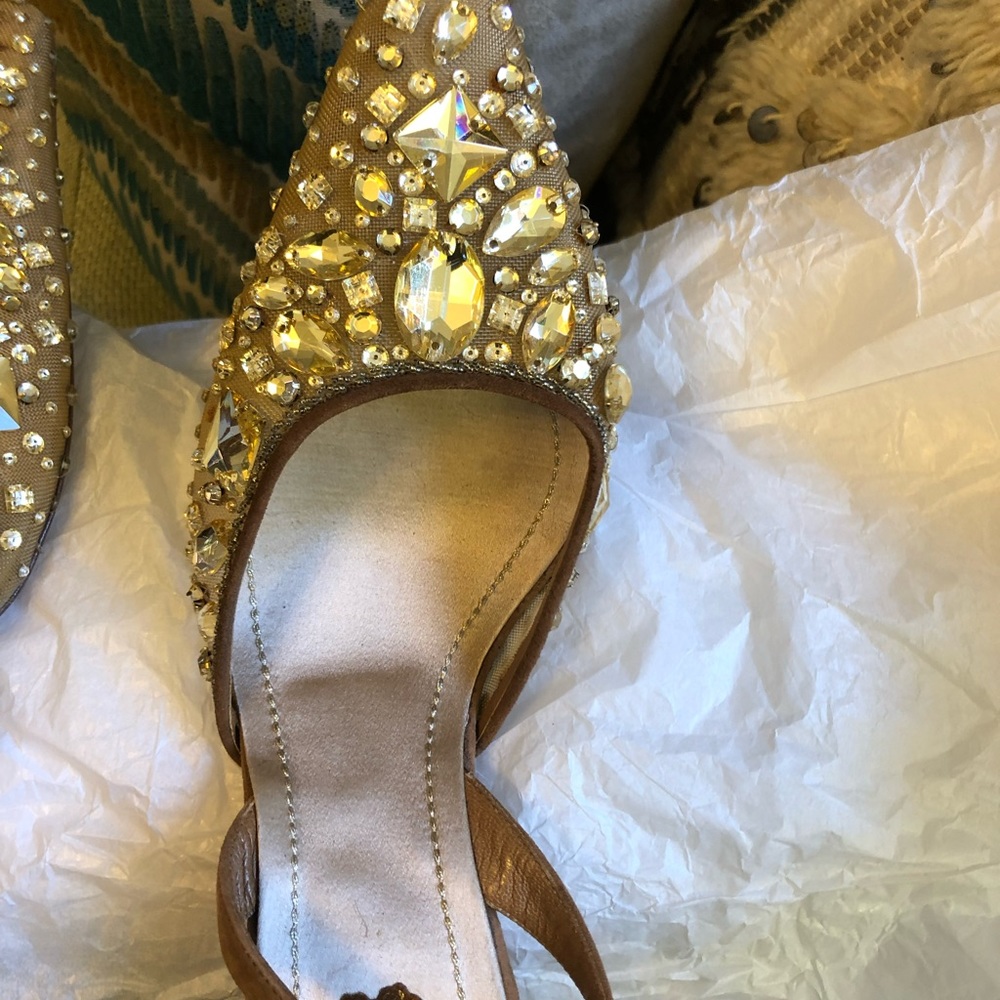 Rene Caovilla Tan/Beige Nude Mesh with Crystals Sling Back Sandals Evening